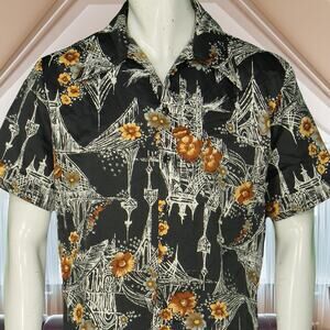 70s Vintage Triumph Scenic Floral Bridge Disco Hippie Hawaiian Nightclub Shirt M